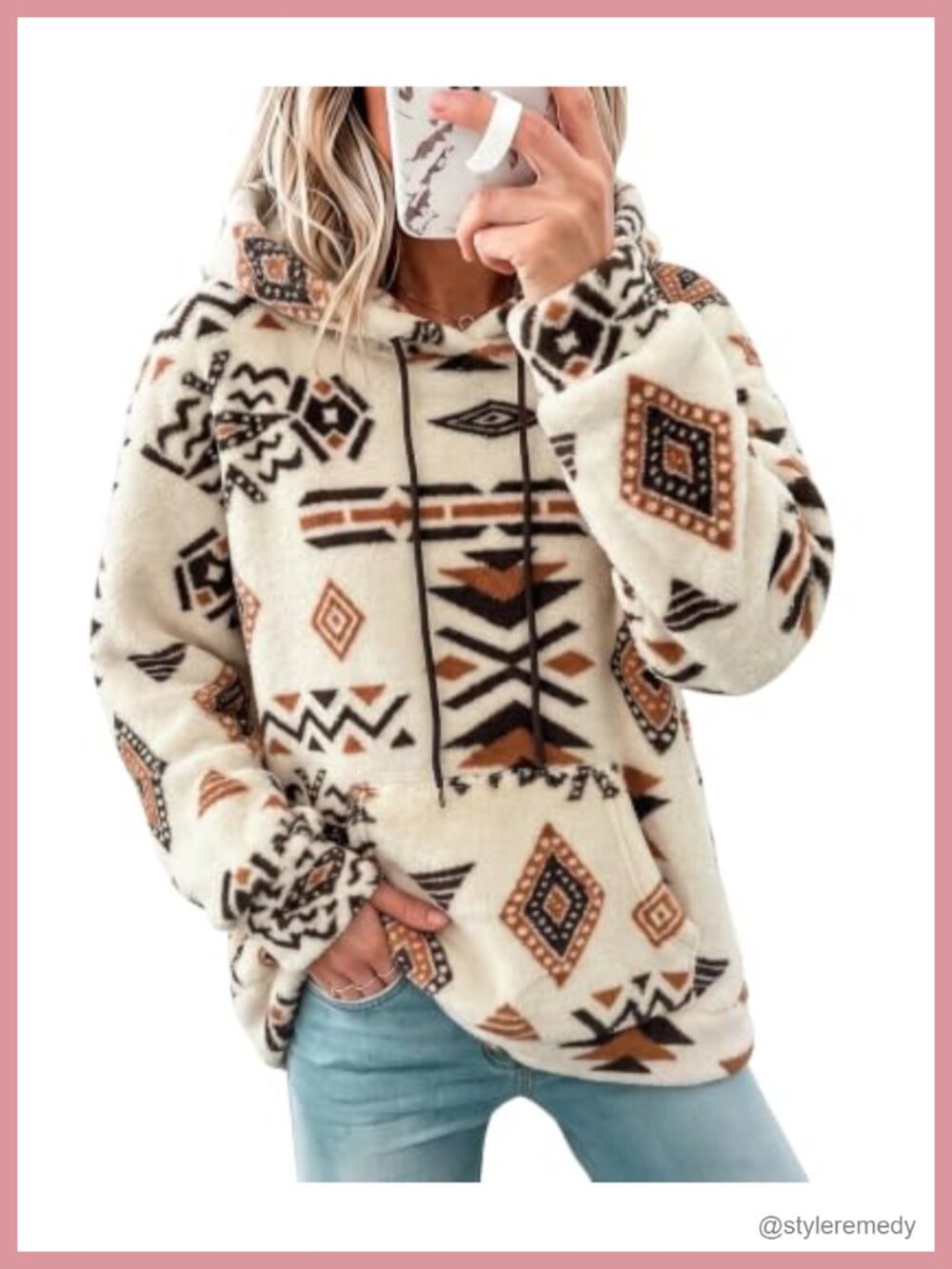 Sherpa Fleece Aztec Graphic Hoodie Kangaroo Pocket Long Sleeve Sweatshirt